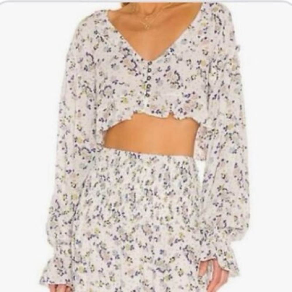 Free People Secret Garden Crop Top Floral Ruffle Blouse Size XS